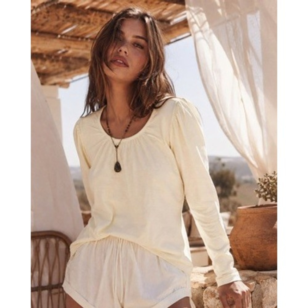 Bobi Los Angeles Creamer Cotton Long Sleeve Puff Shoulder Scoop Neck Top Small